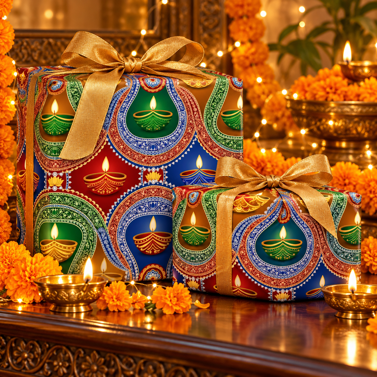 Diwali Wrapping Paper Roll - Jewel Tone Diya Medallions Indian Gift Wrap