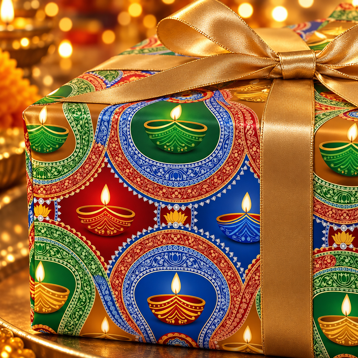 Diwali Wrapping Paper Roll - Jewel Tone Diya Medallions Indian Gift Wrap