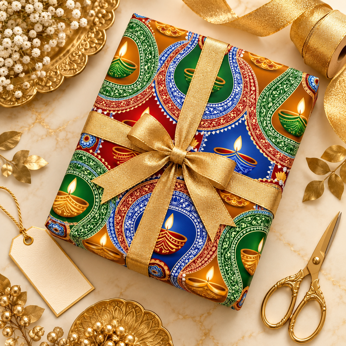 Diwali Wrapping Paper Roll - Jewel Tone Diya Medallions Indian Gift Wrap