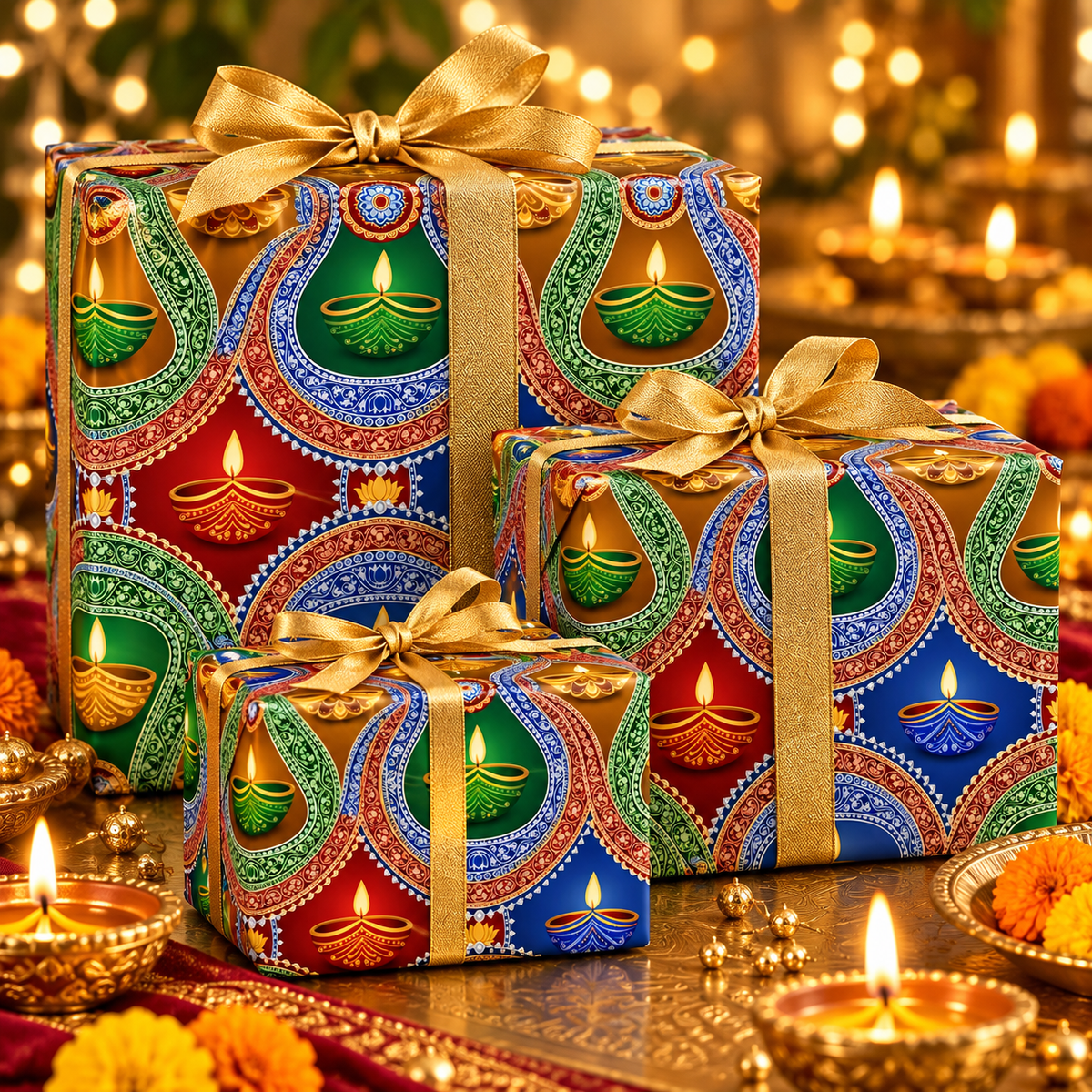 Diwali Wrapping Paper Roll - Jewel Tone Diya Medallions Indian Gift Wrap