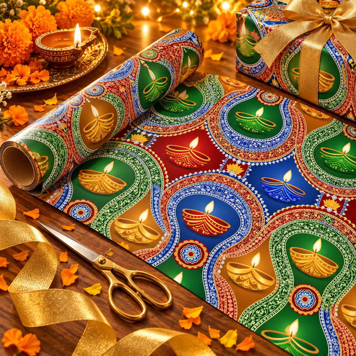 Diwali Wrapping Paper Roll - Jewel Tone Diya Medallions Indian Gift Wrap