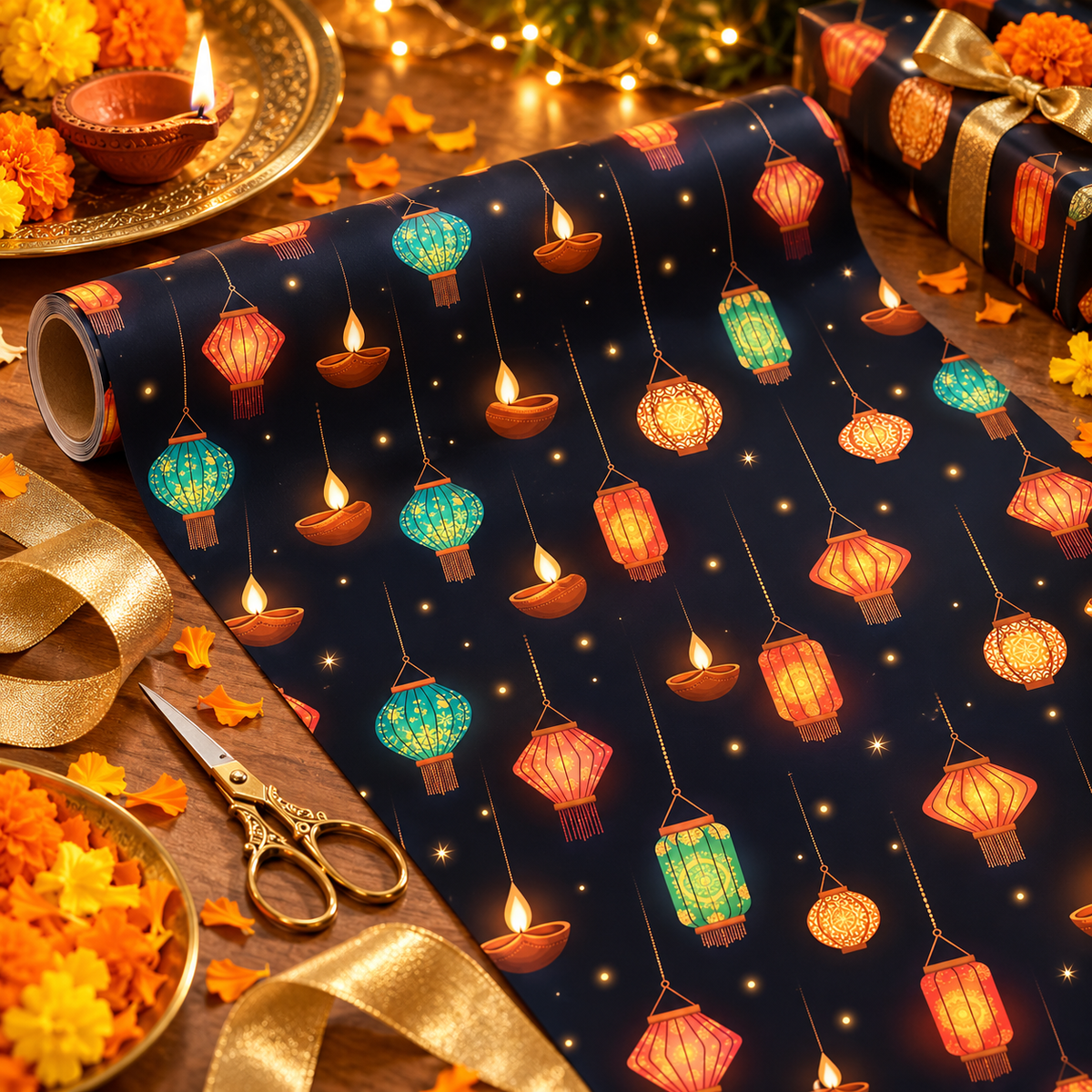 Diwali Wrapping Paper Roll - Midnight Hanging Lanterns Indian Gift Wrap