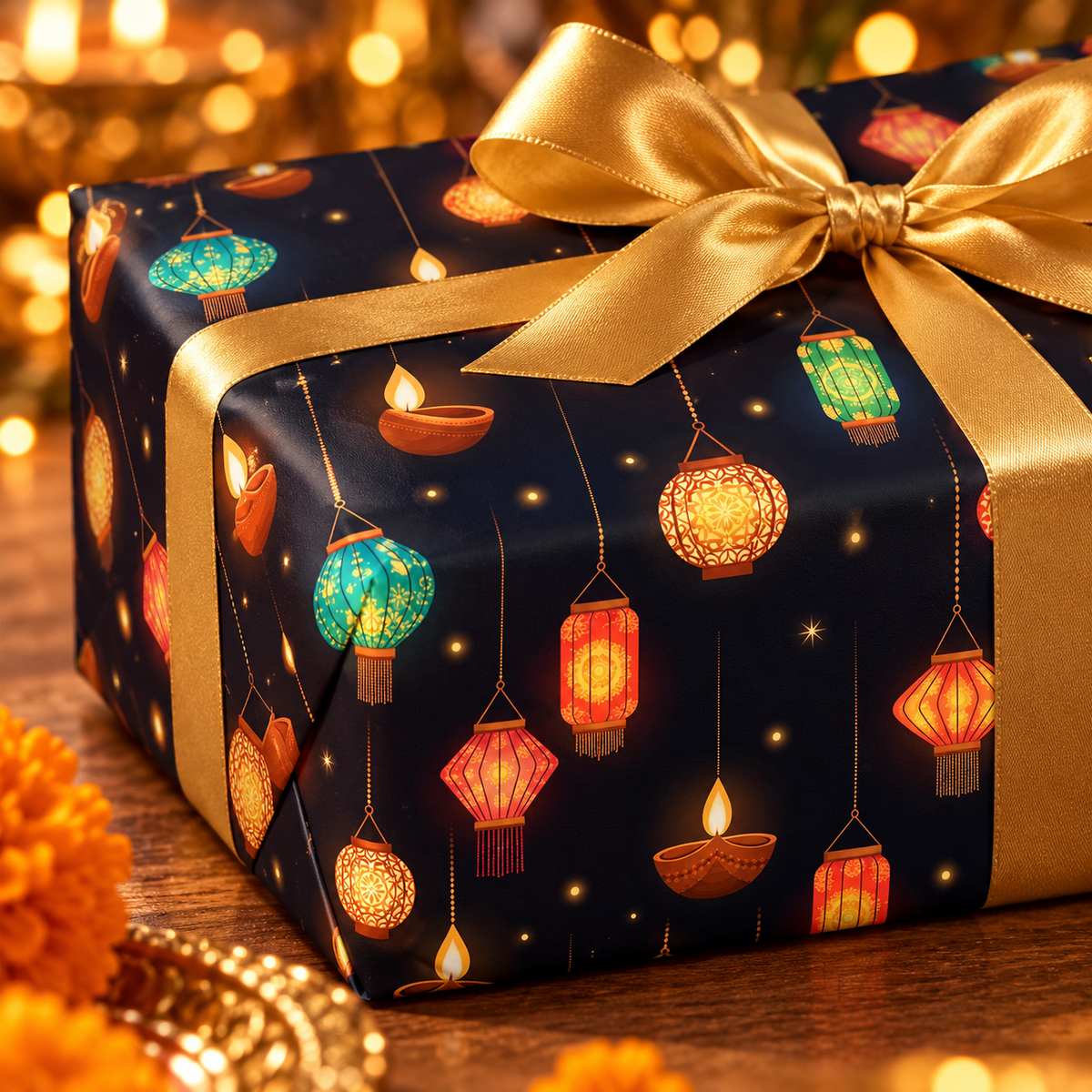 Diwali Wrapping Paper Roll - Midnight Hanging Lanterns Indian Gift Wrap