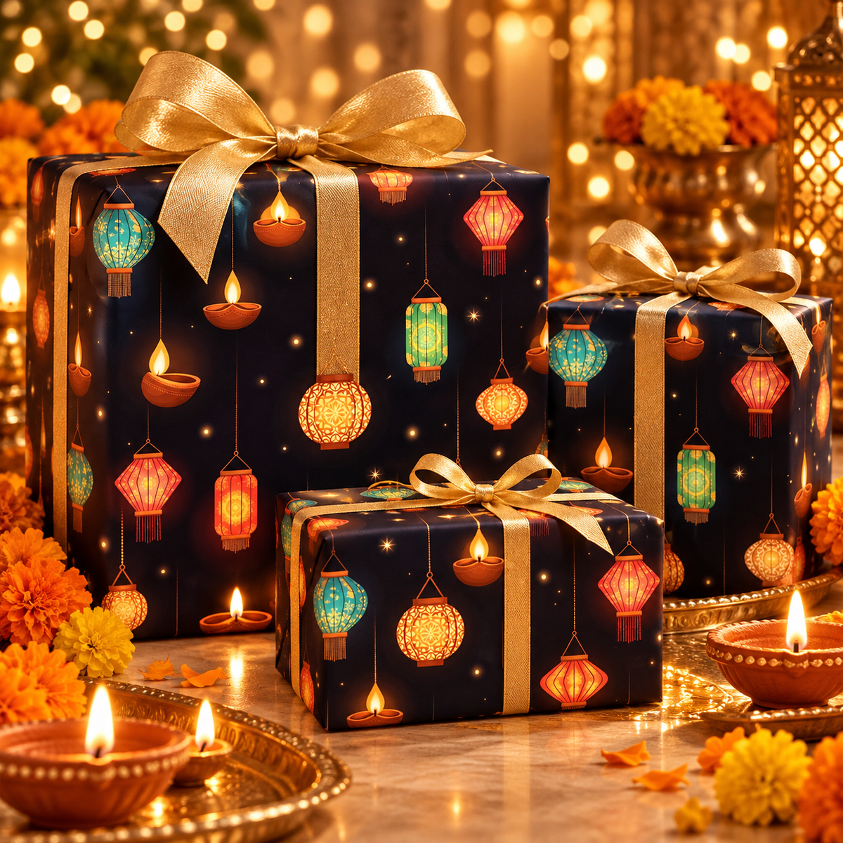 Diwali Wrapping Paper Roll - Midnight Hanging Lanterns Indian Gift Wrap