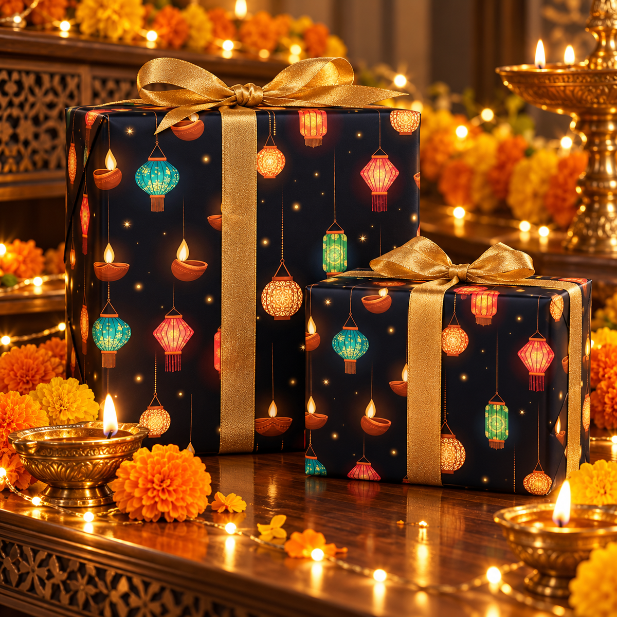 Diwali Wrapping Paper Roll - Midnight Hanging Lanterns Indian Gift Wrap