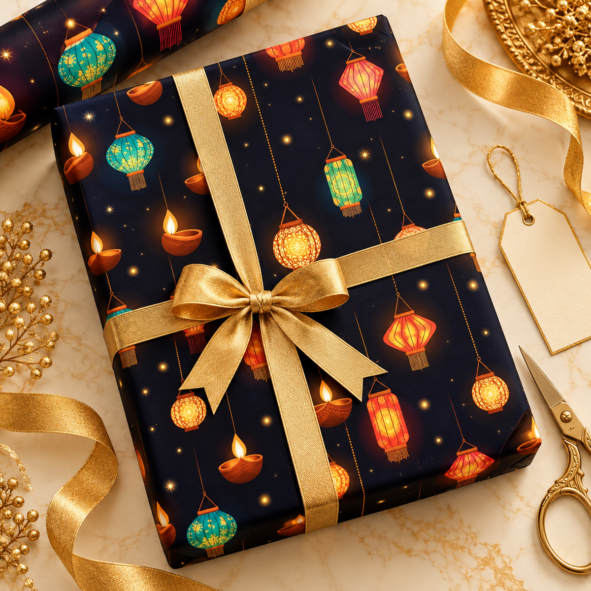 Diwali Wrapping Paper Roll - Midnight Hanging Lanterns Indian Gift Wrap