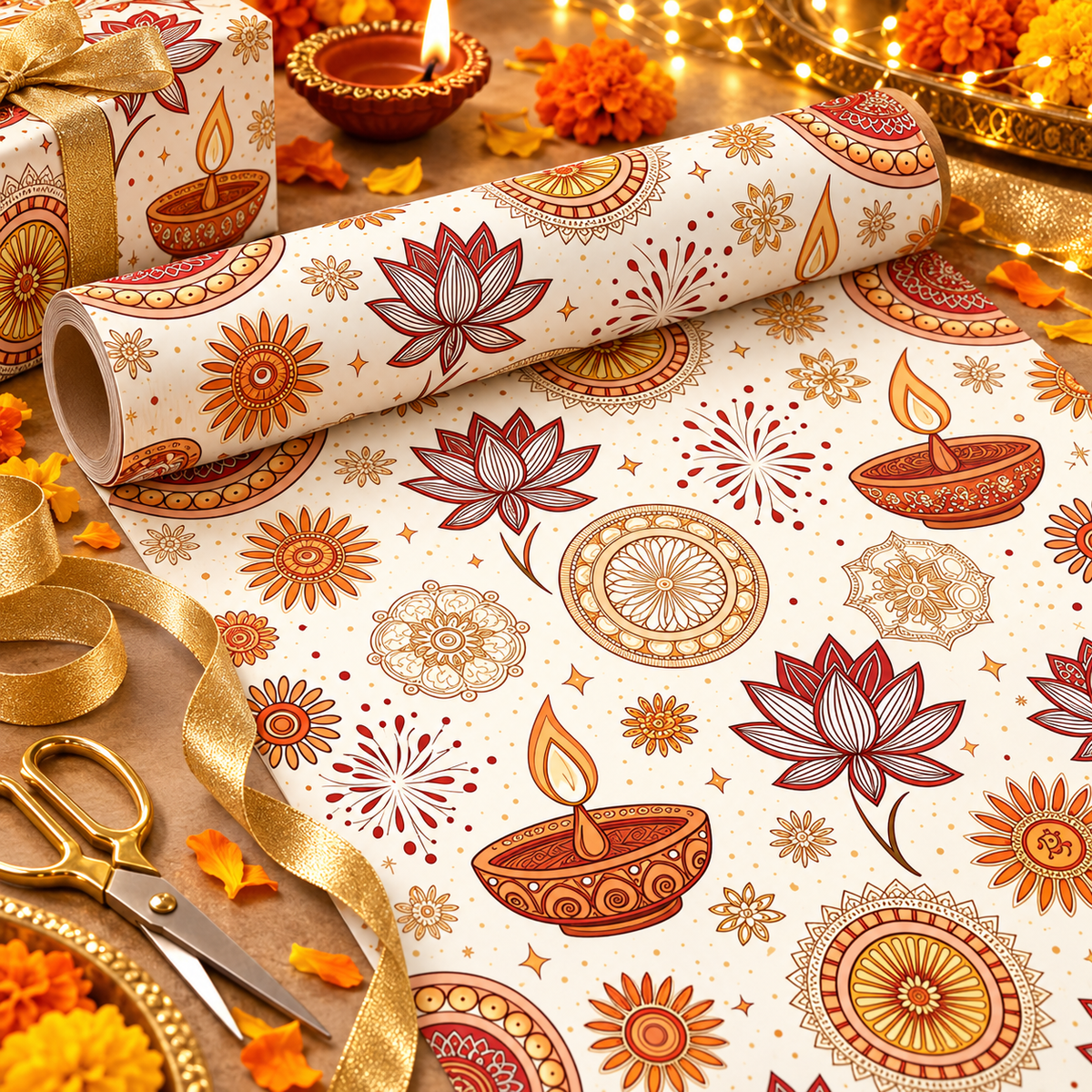 Diwali Wrapping Paper Roll - Minimal Ivory Diyas & Rangoli Gift Wrap