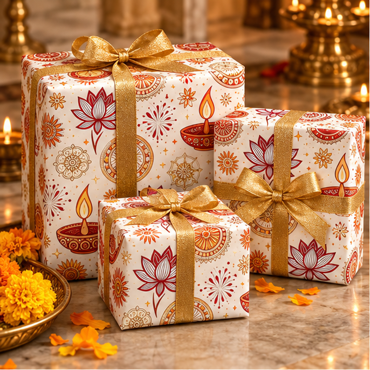 Diwali Wrapping Paper Roll - Minimal Ivory Diyas & Rangoli Gift Wrap