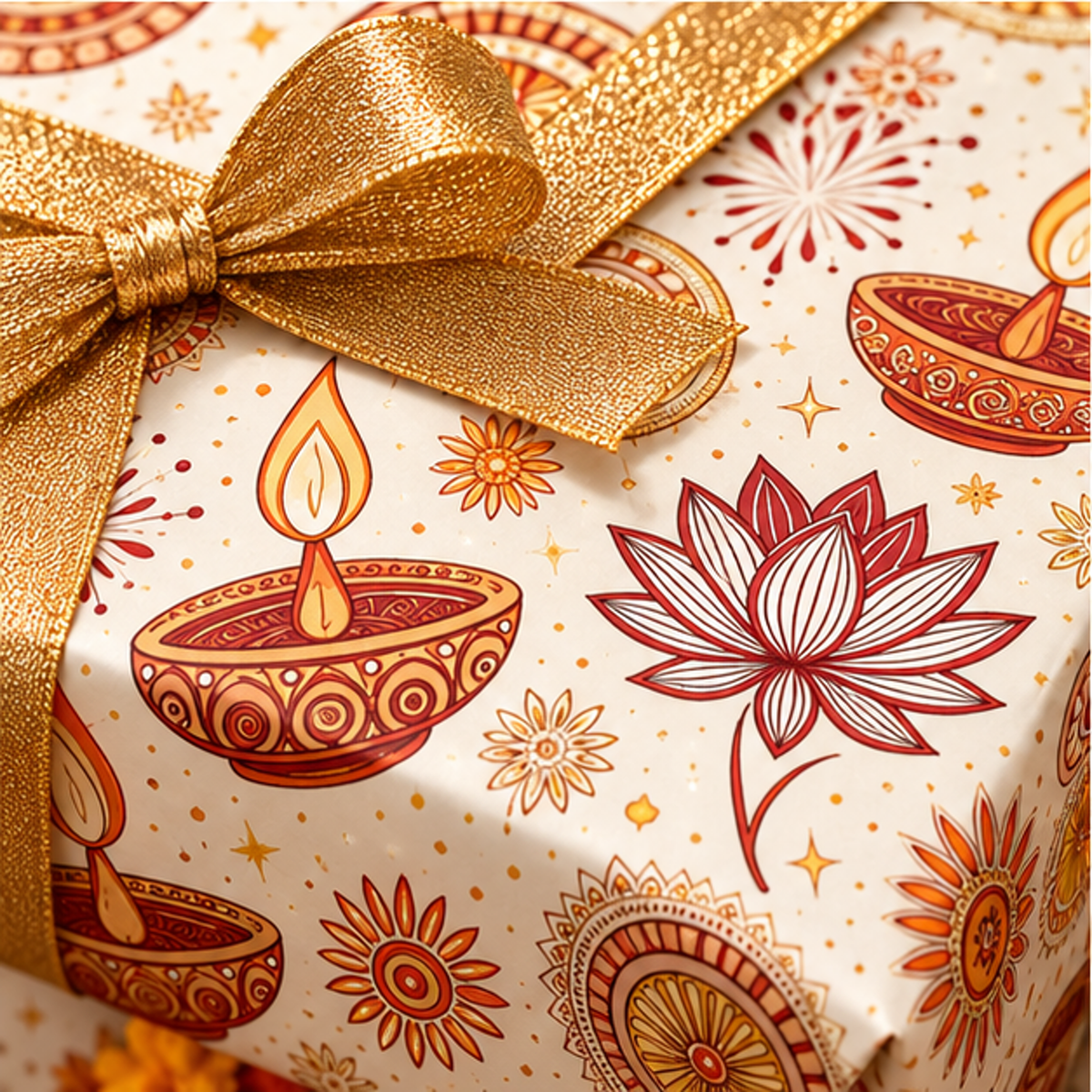 Diwali Wrapping Paper Roll - Minimal Ivory Diyas & Rangoli Gift Wrap
