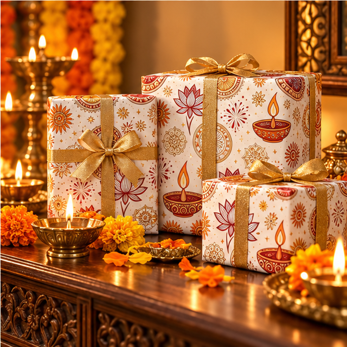 Diwali Wrapping Paper Roll - Minimal Ivory Diyas & Rangoli Gift Wrap