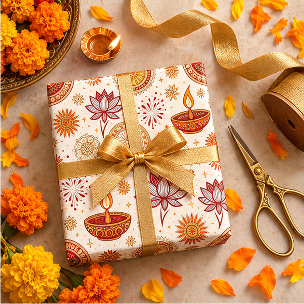Diwali Wrapping Paper Roll - Minimal Ivory Diyas & Rangoli Gift Wrap