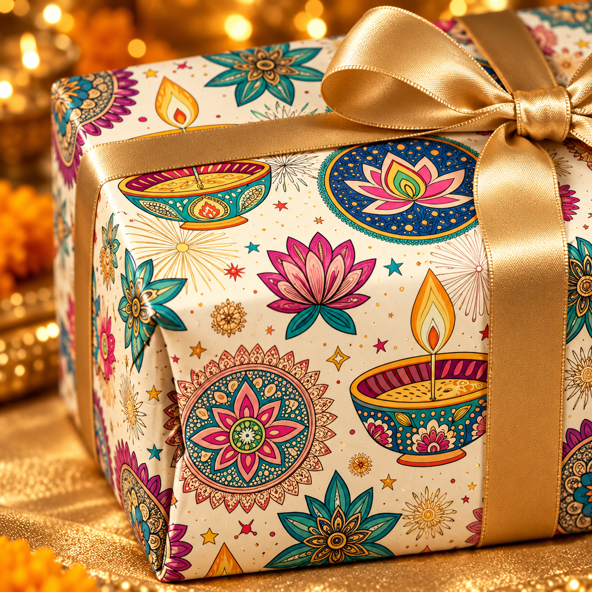 Diwali Wrapping Paper Roll - Ivory Diyas & Lotus Indian Gift Wrap