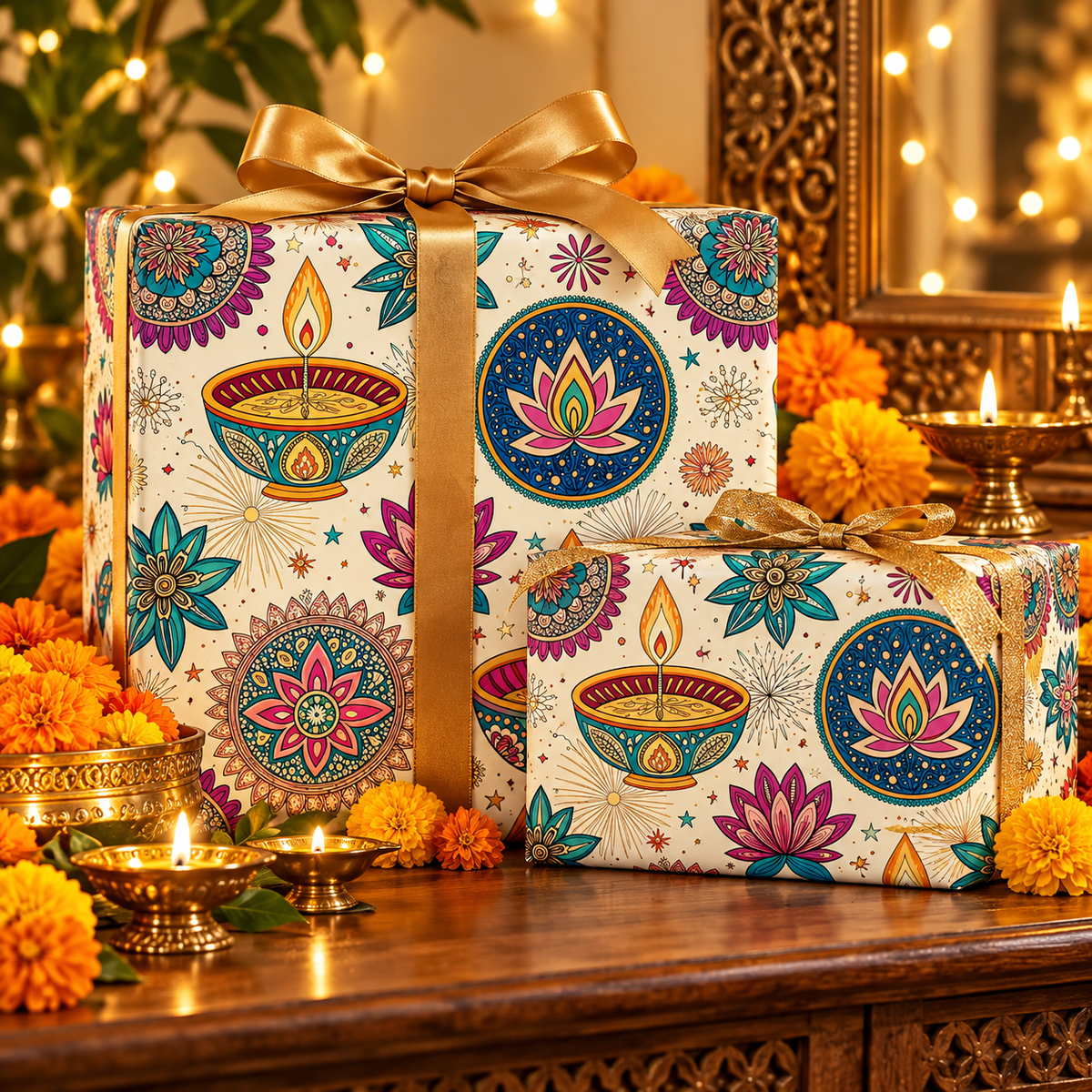 Diwali Wrapping Paper Roll - Ivory Diyas & Lotus Indian Gift Wrap