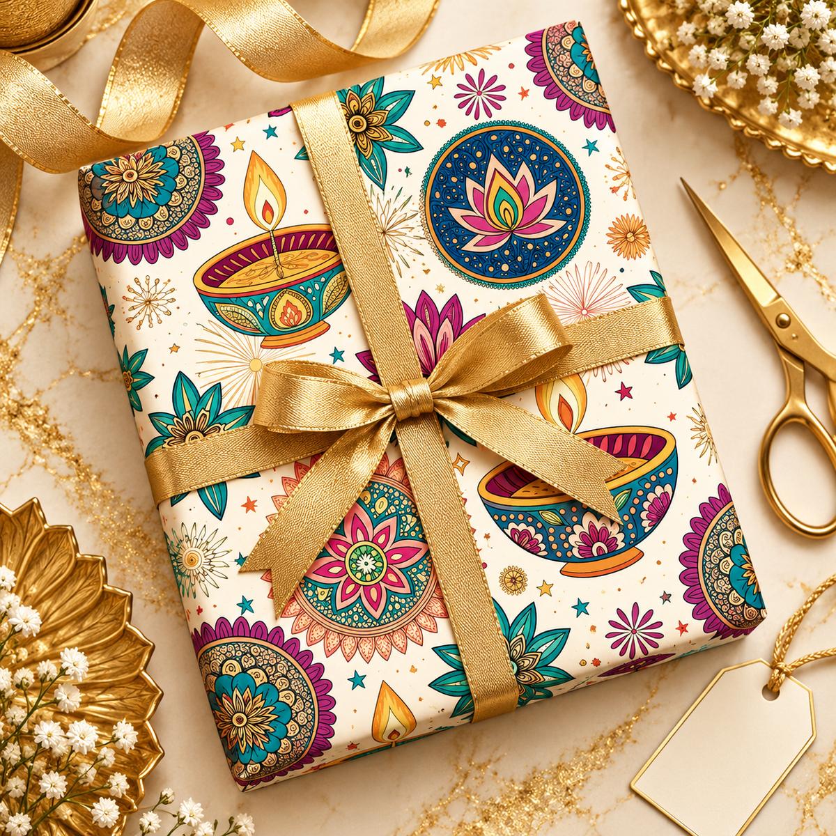 Diwali Wrapping Paper Roll - Ivory Diyas & Lotus Indian Gift Wrap