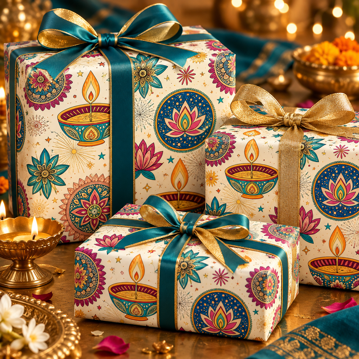 Diwali Wrapping Paper Roll - Ivory Diyas & Lotus Indian Gift Wrap