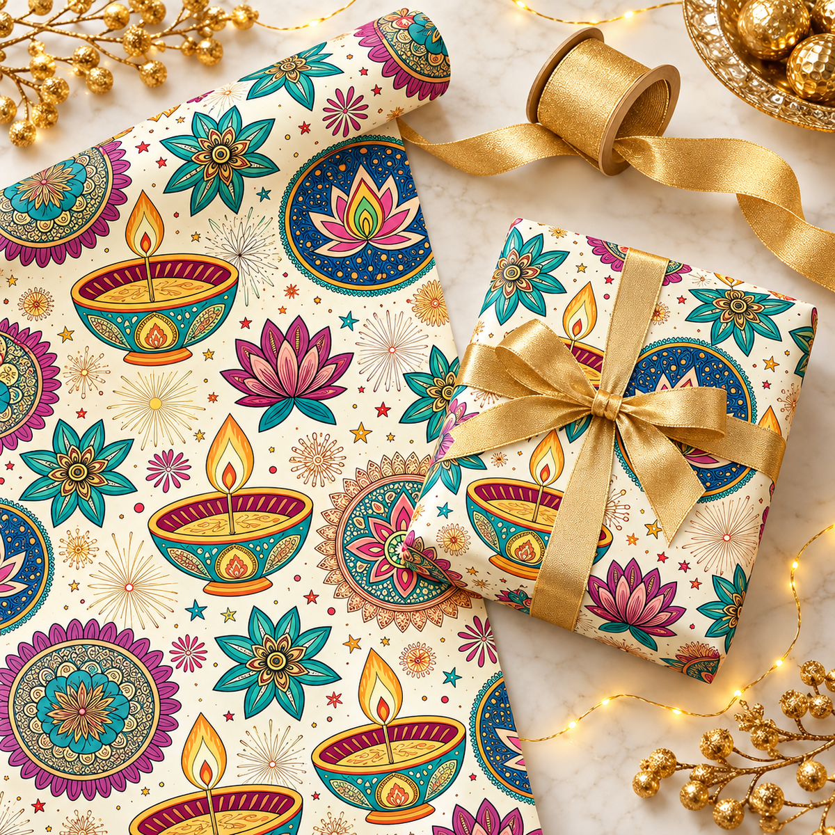 Diwali Wrapping Paper Roll - Ivory Diyas & Lotus Indian Gift Wrap