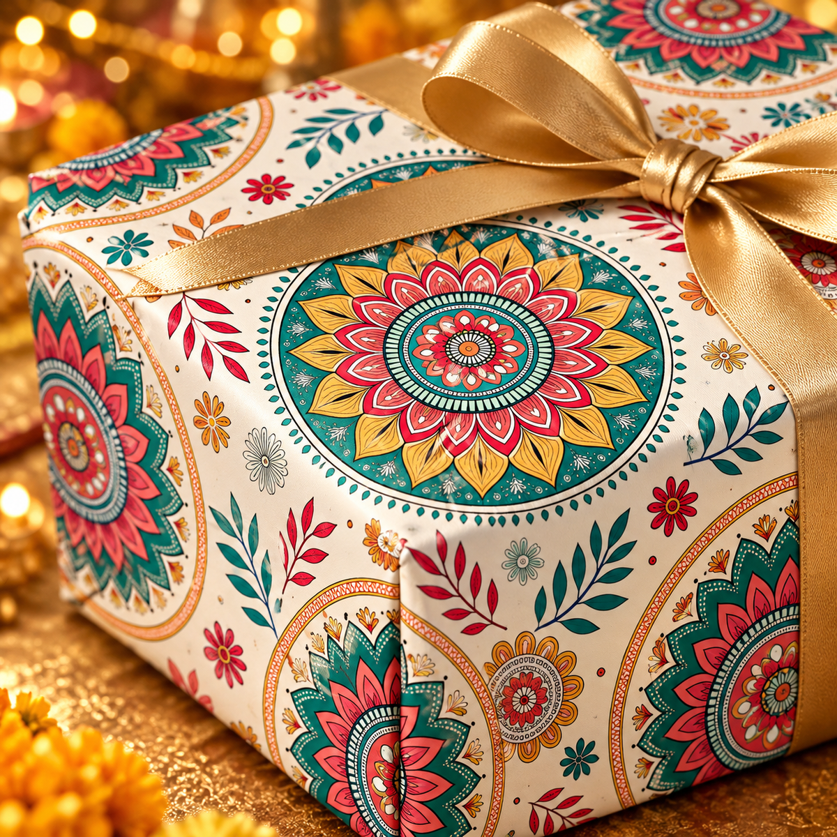 Diwali Wrapping Paper Roll - Ivory Rangoli Florals Indian Gift Wrap