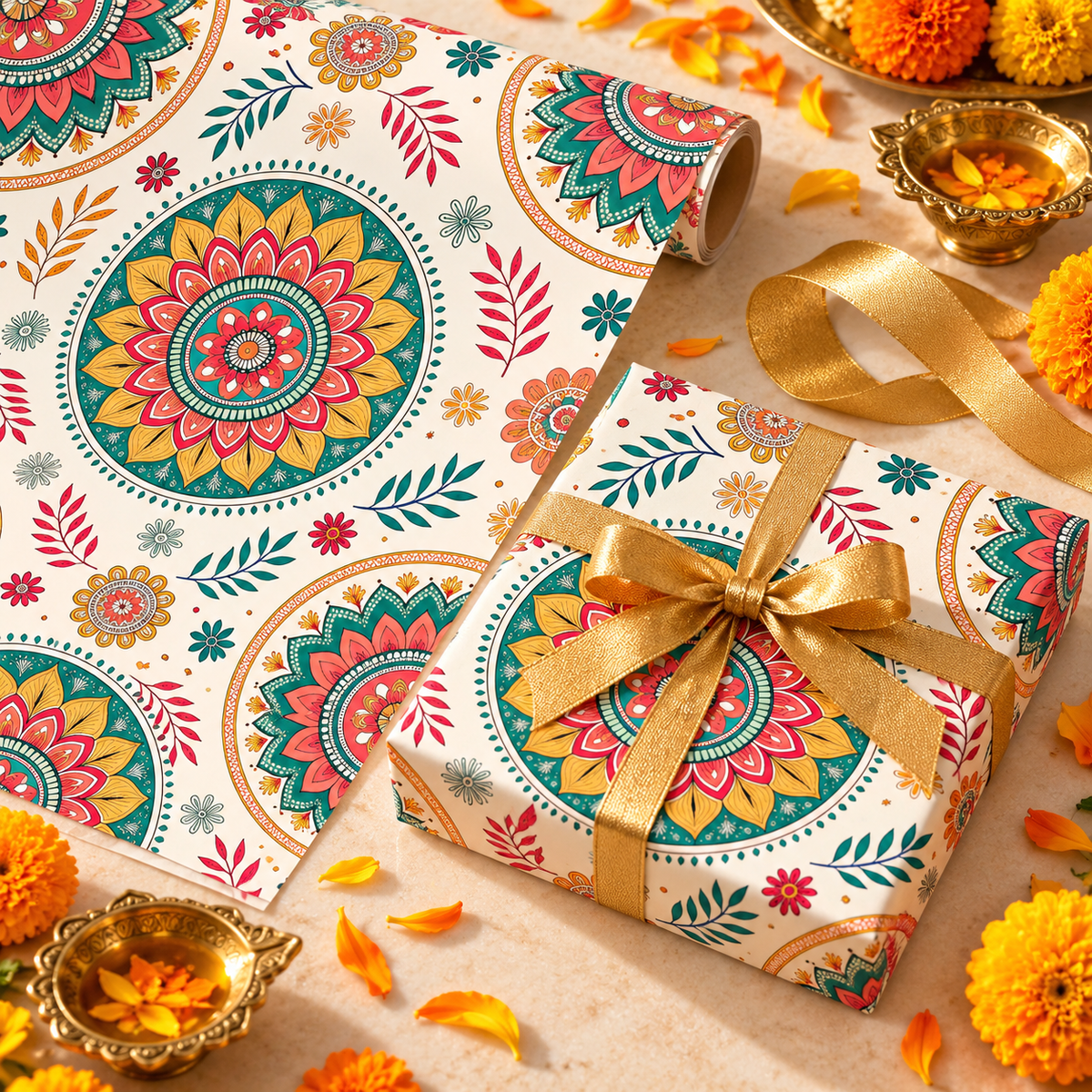 Diwali Wrapping Paper Roll - Ivory Rangoli Florals Indian Gift Wrap