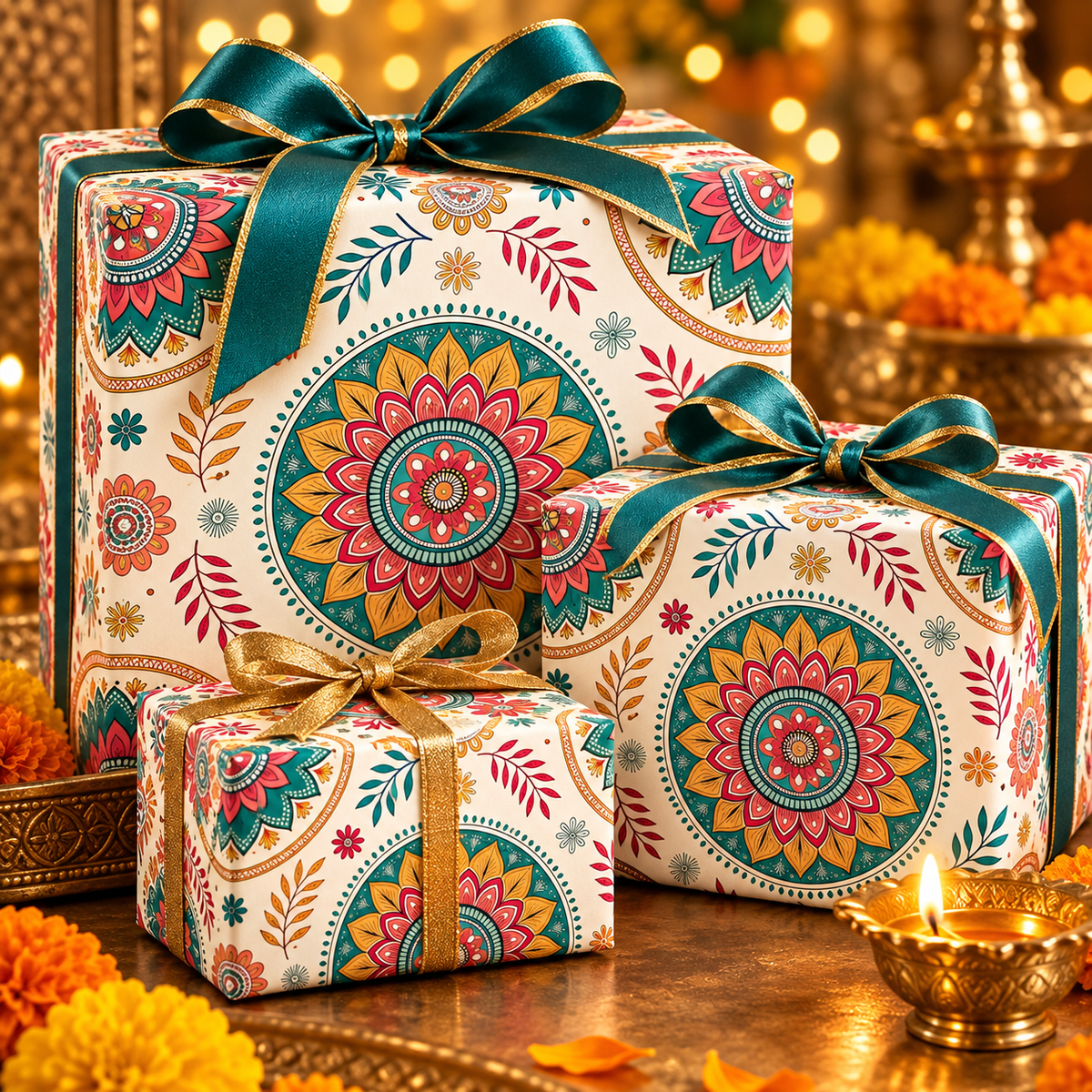 Diwali Wrapping Paper Roll - Ivory Rangoli Florals Indian Gift Wrap