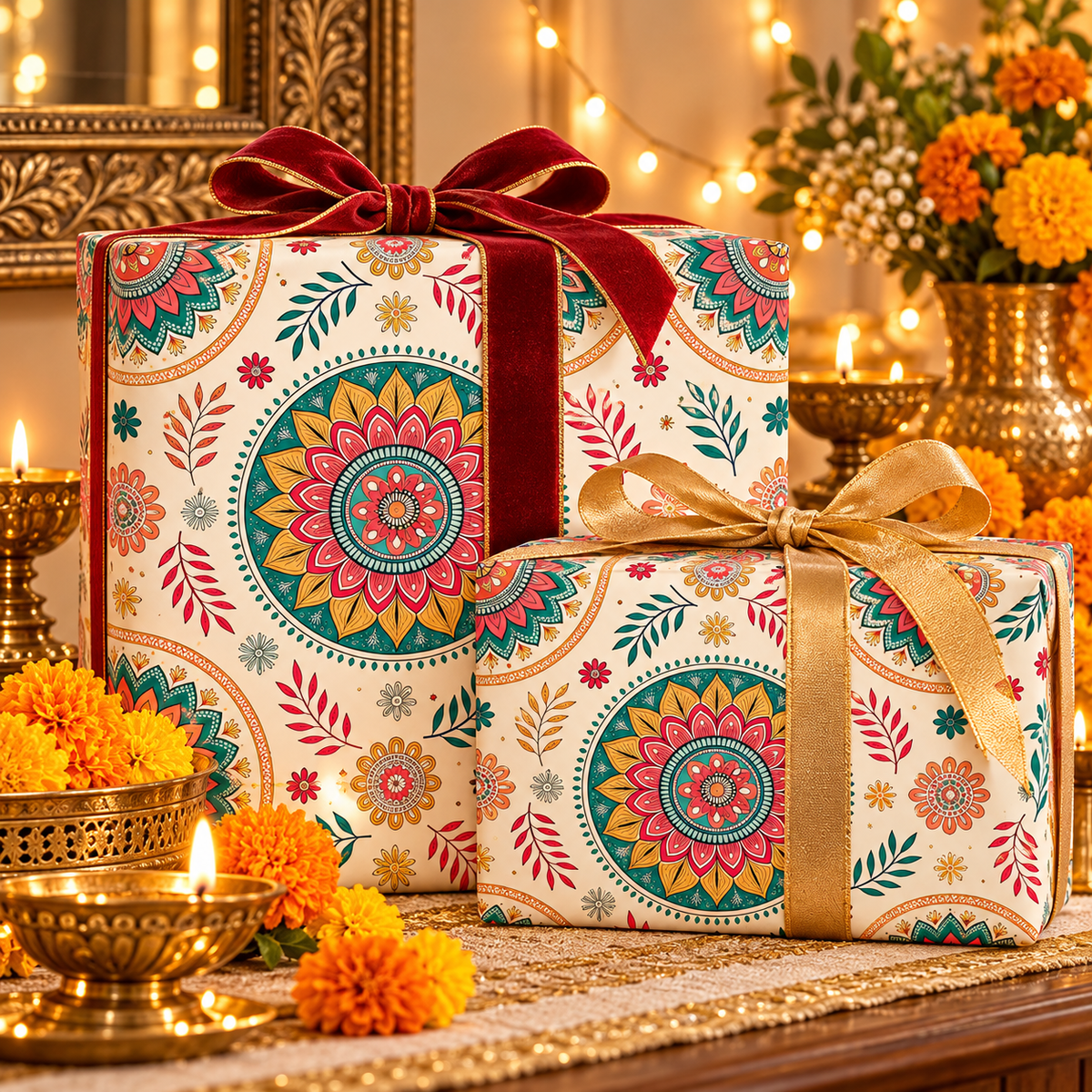 Diwali Wrapping Paper Roll - Ivory Rangoli Florals Indian Gift Wrap