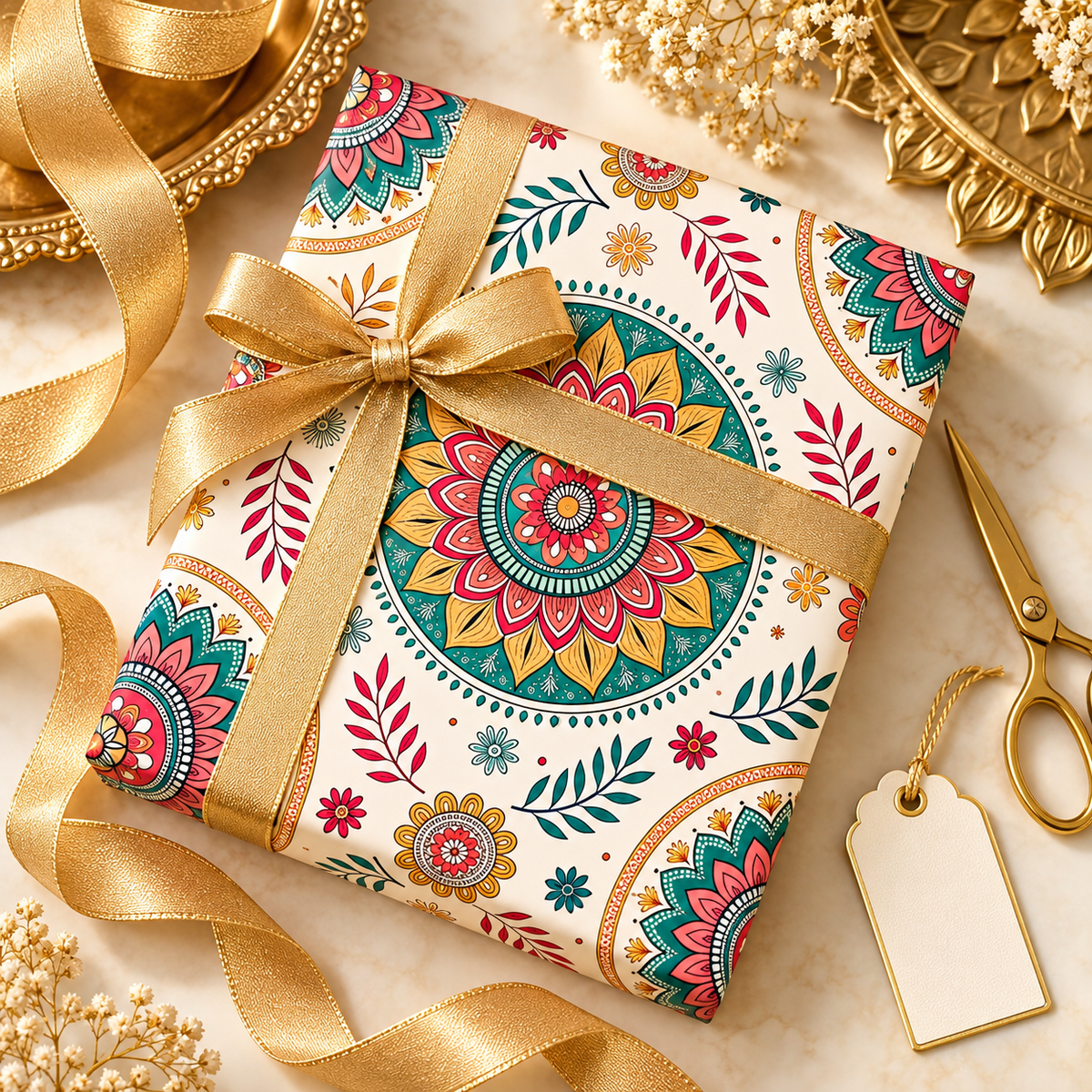 Diwali Wrapping Paper Roll - Ivory Rangoli Florals Indian Gift Wrap