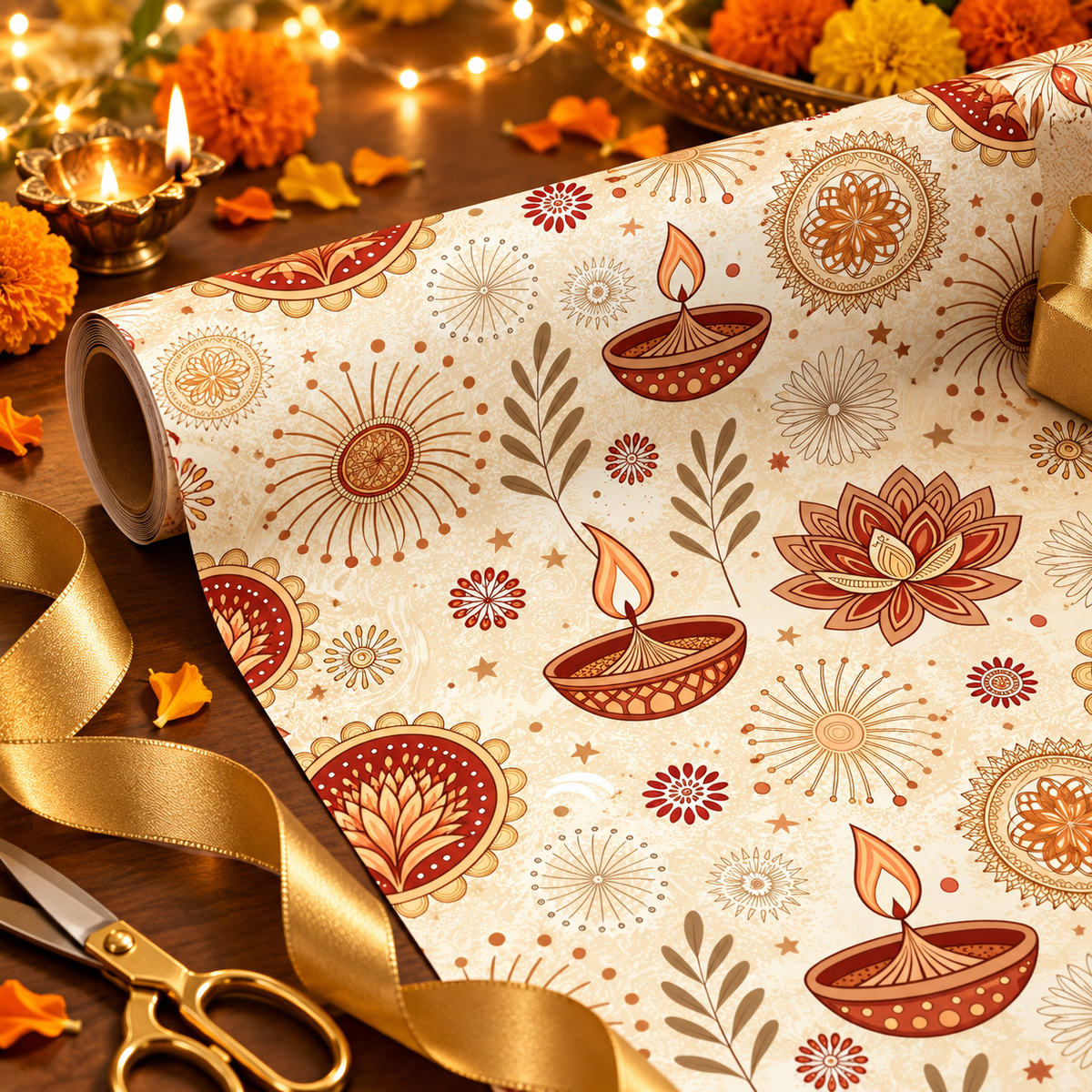 Diwali Wrapping Paper Roll - Minimal Ivory Diyas & Florals Gift Wrap