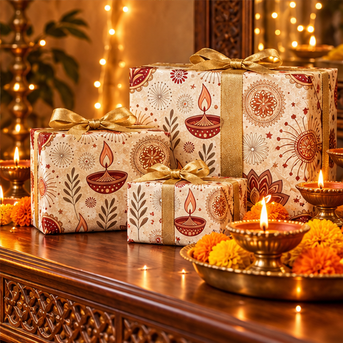 Diwali Wrapping Paper Roll - Minimal Ivory Diyas & Florals Gift Wrap