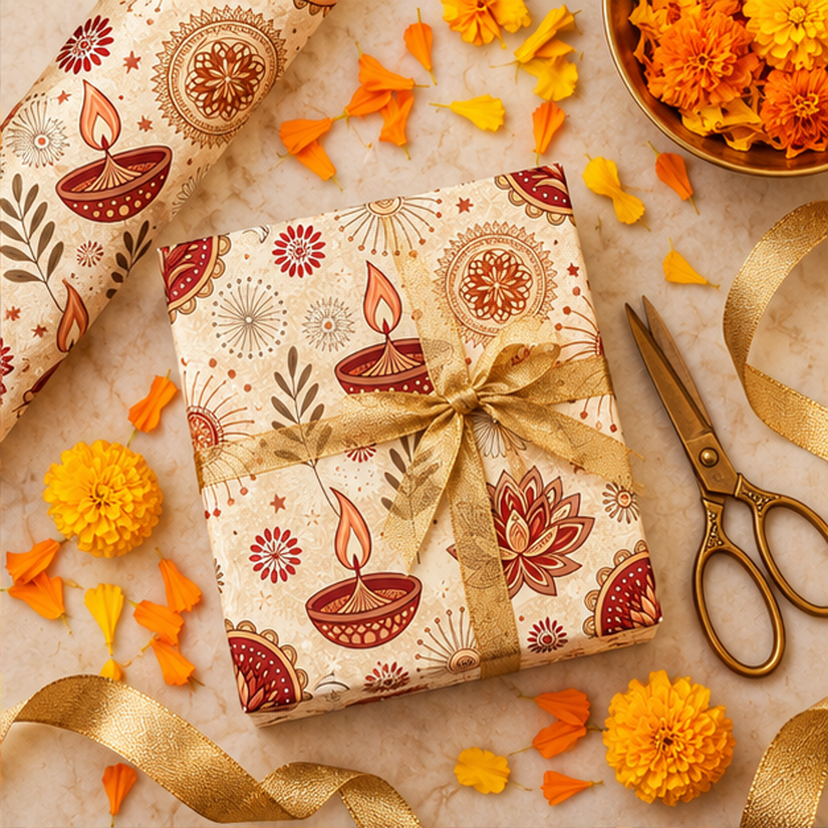 Diwali Wrapping Paper Roll - Minimal Ivory Diyas & Florals Gift Wrap