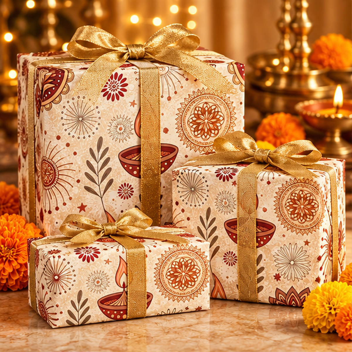 Diwali Wrapping Paper Roll - Minimal Ivory Diyas & Florals Gift Wrap