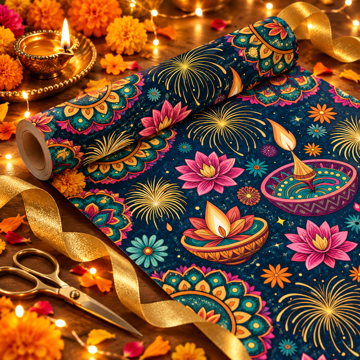 Diwali Wrapping Paper Roll - Navy Diyas Mandala Fireworks Gift Wrap