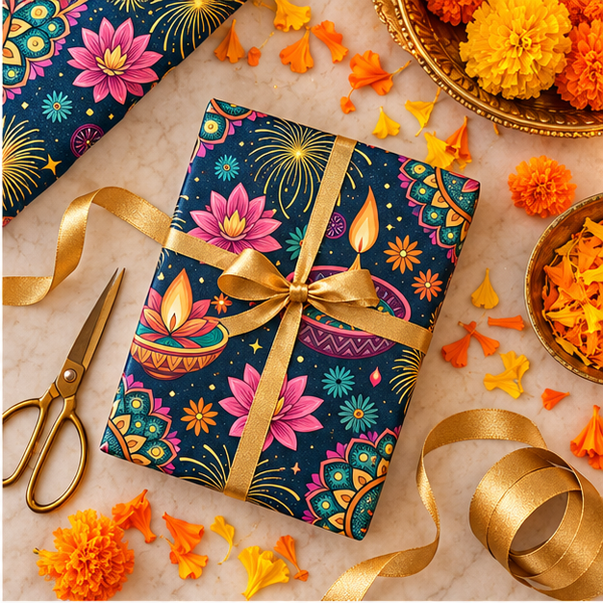 Diwali Wrapping Paper Roll - Navy Diyas Mandala Fireworks Gift Wrap