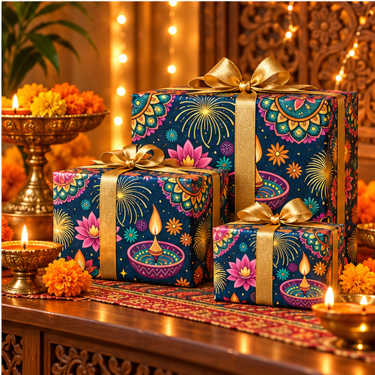 Diwali Wrapping Paper Roll - Navy Diyas Mandala Fireworks Gift Wrap