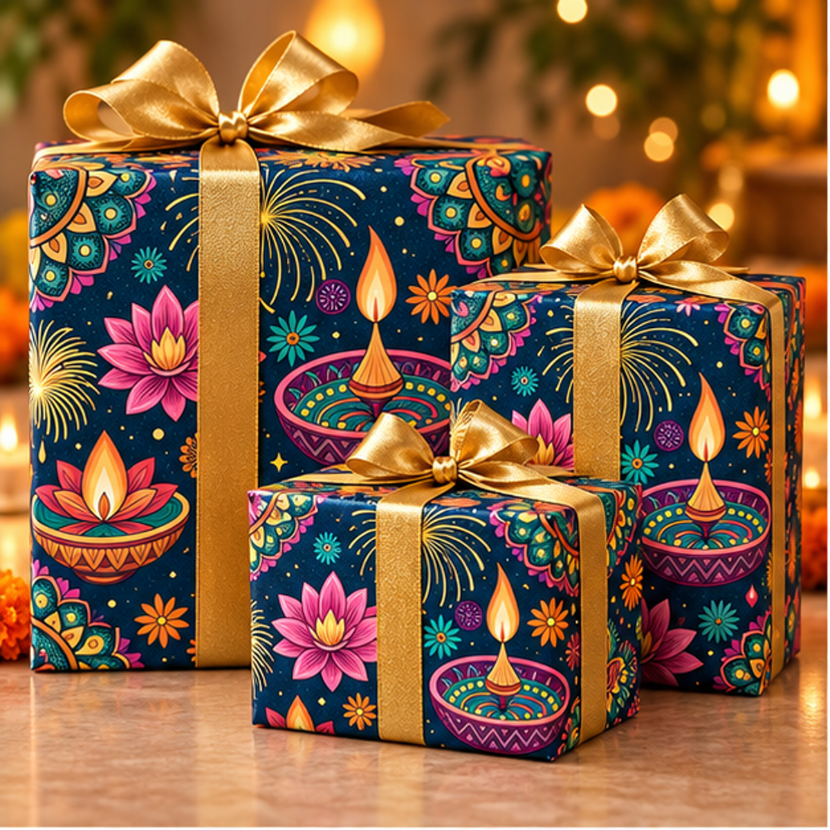 Diwali Wrapping Paper Roll - Navy Diyas Mandala Fireworks Gift Wrap