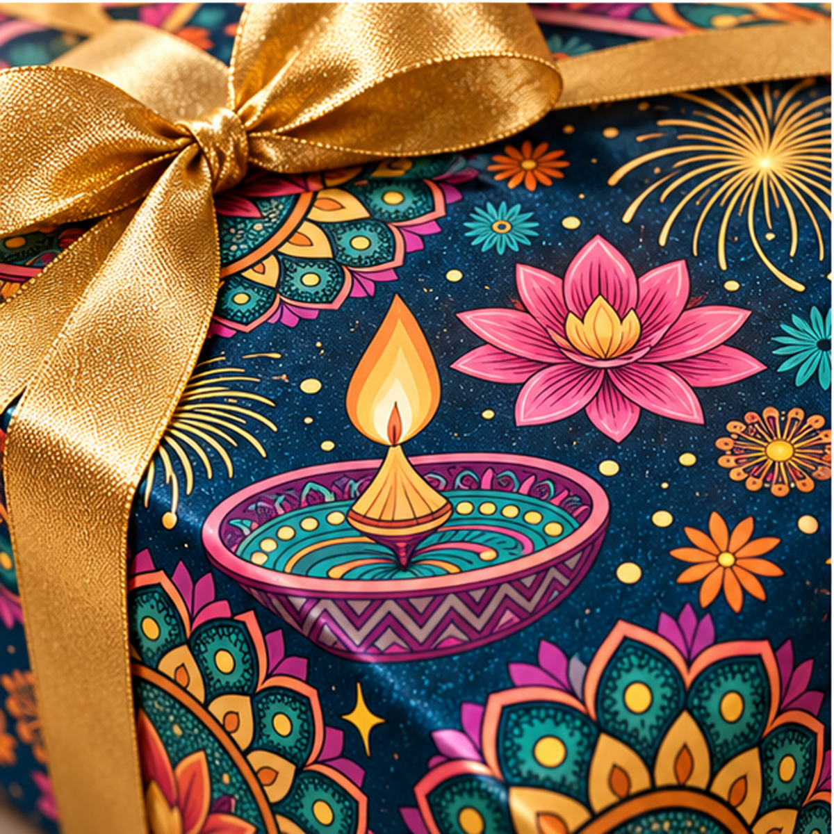 Diwali Wrapping Paper Roll - Navy Diyas Mandala Fireworks Gift Wrap