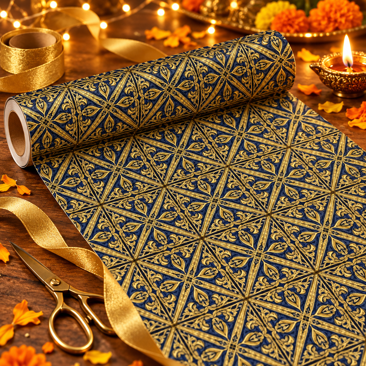 Diwali Wrapping Paper Roll - Navy Gold Lattice Indian Gift Wrap