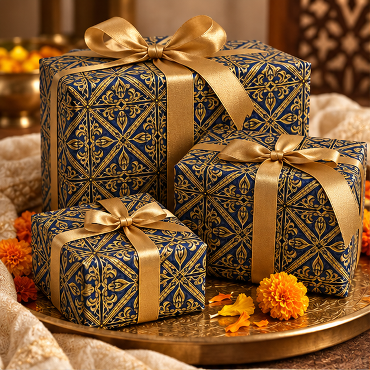 Diwali Wrapping Paper Roll - Navy Gold Lattice Indian Gift Wrap