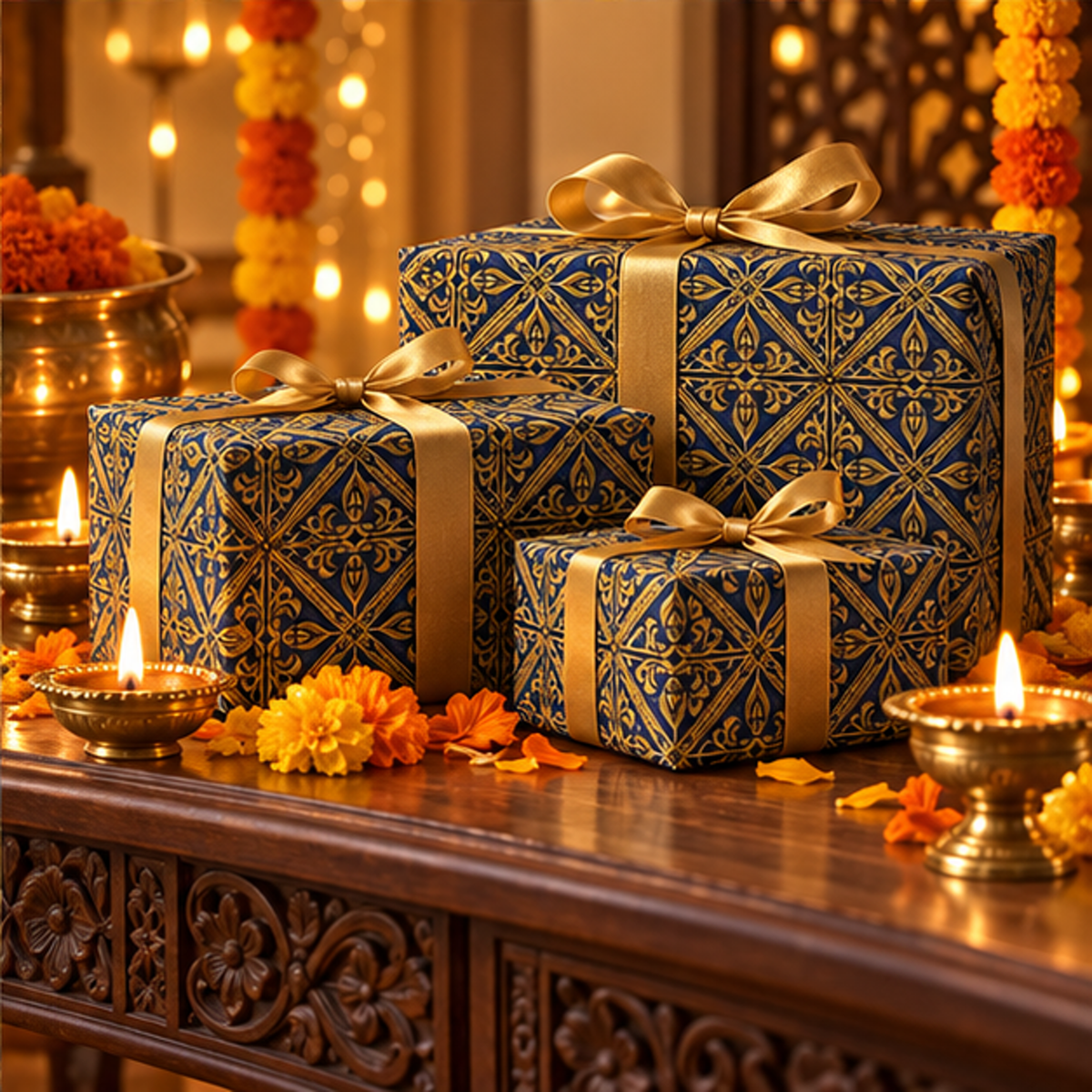 Diwali Wrapping Paper Roll - Navy Gold Lattice Indian Gift Wrap