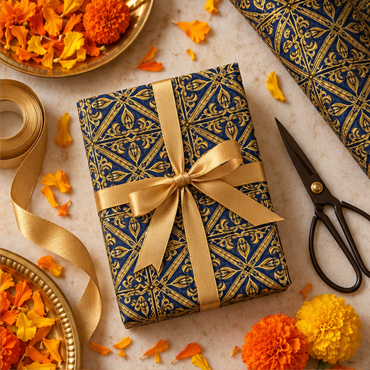 Diwali Wrapping Paper Roll - Navy Gold Lattice Indian Gift Wrap