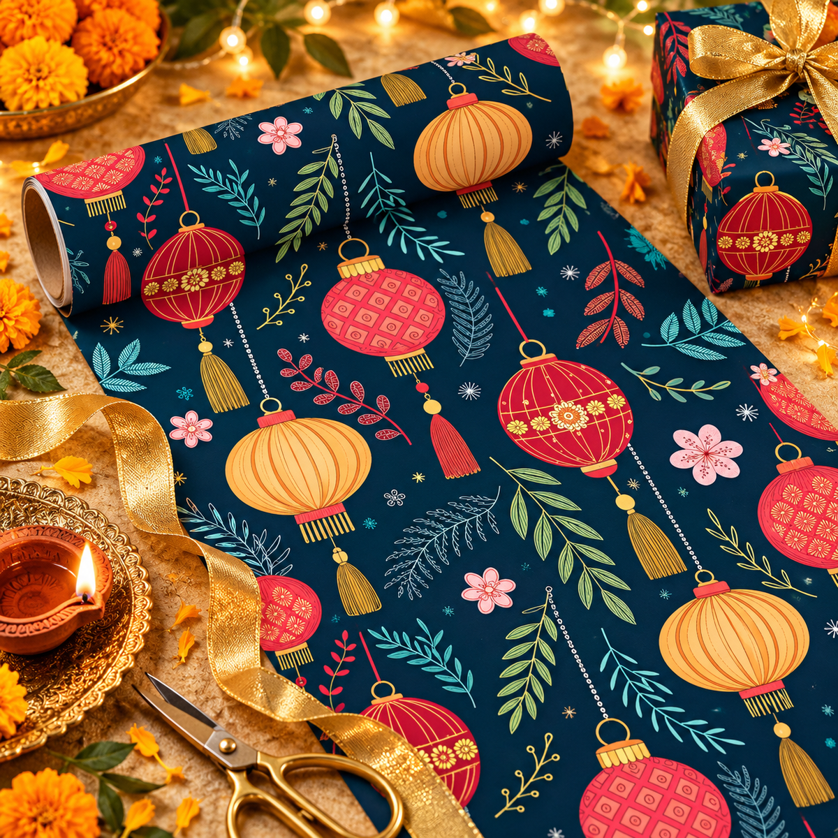 Diwali Wrapping Paper Roll - Navy Hanging Lanterns Indian Gift Wrap