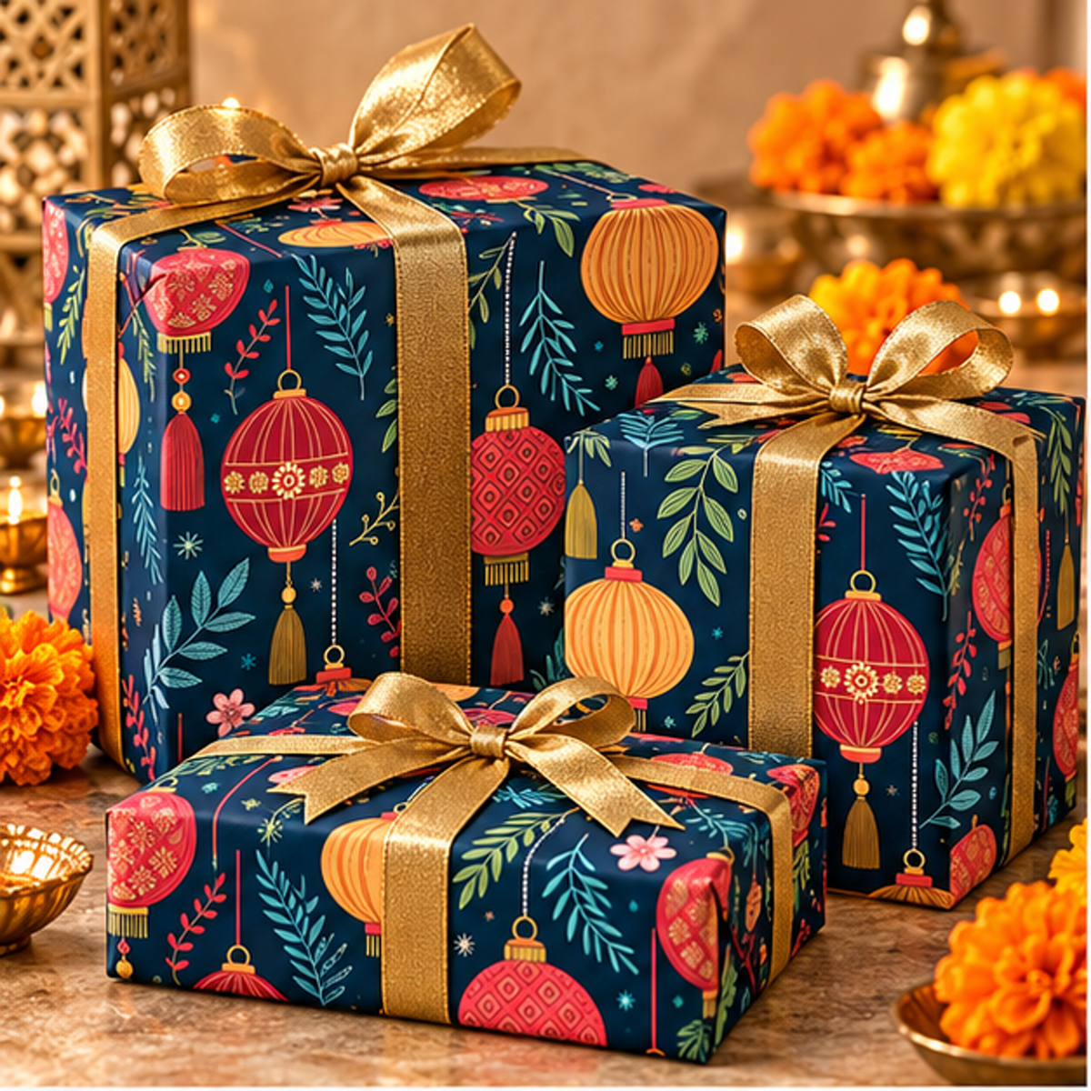 Diwali Wrapping Paper Roll - Navy Hanging Lanterns Indian Gift Wrap