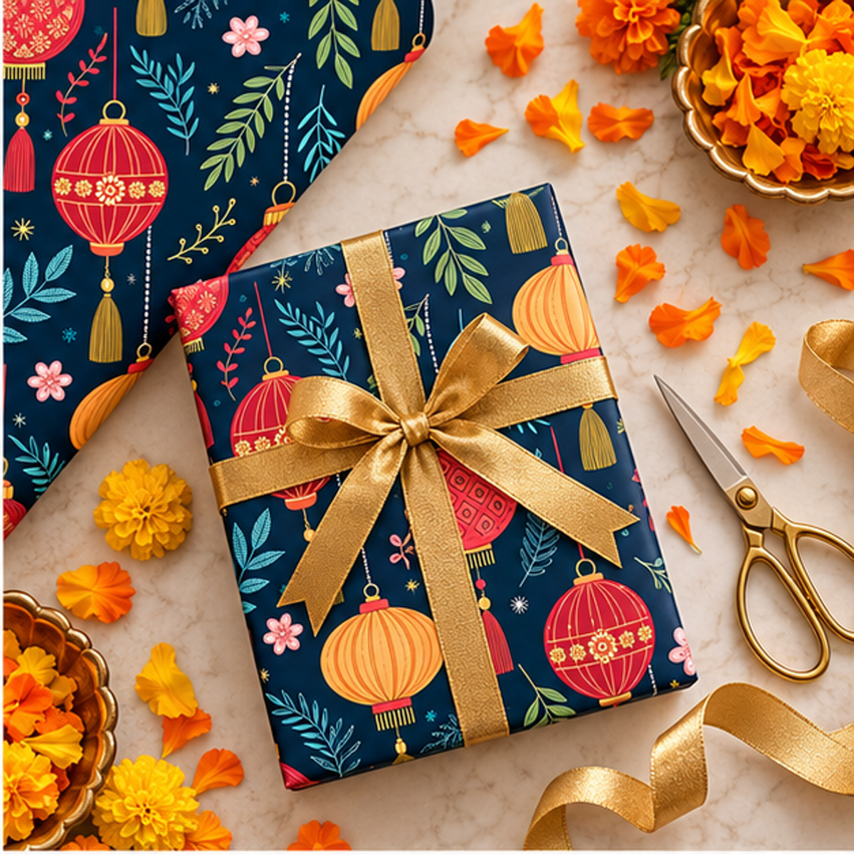 Diwali Wrapping Paper Roll - Navy Hanging Lanterns Indian Gift Wrap