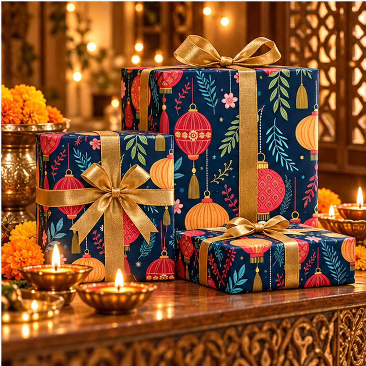 Diwali Wrapping Paper Roll - Navy Hanging Lanterns Indian Gift Wrap
