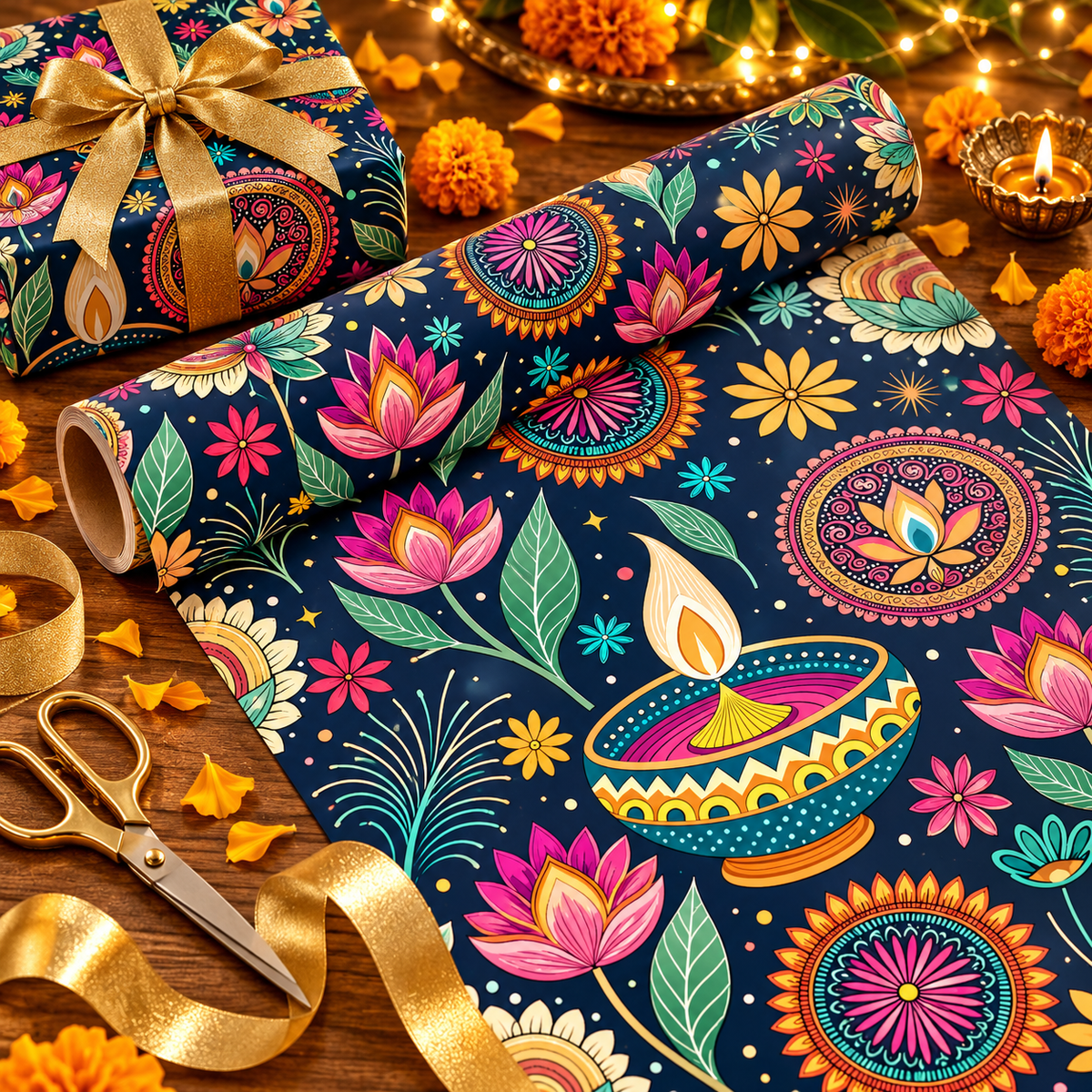 Diwali Wrapping Paper Roll - Navy Lotus & Diyas Indian Gift Wrap