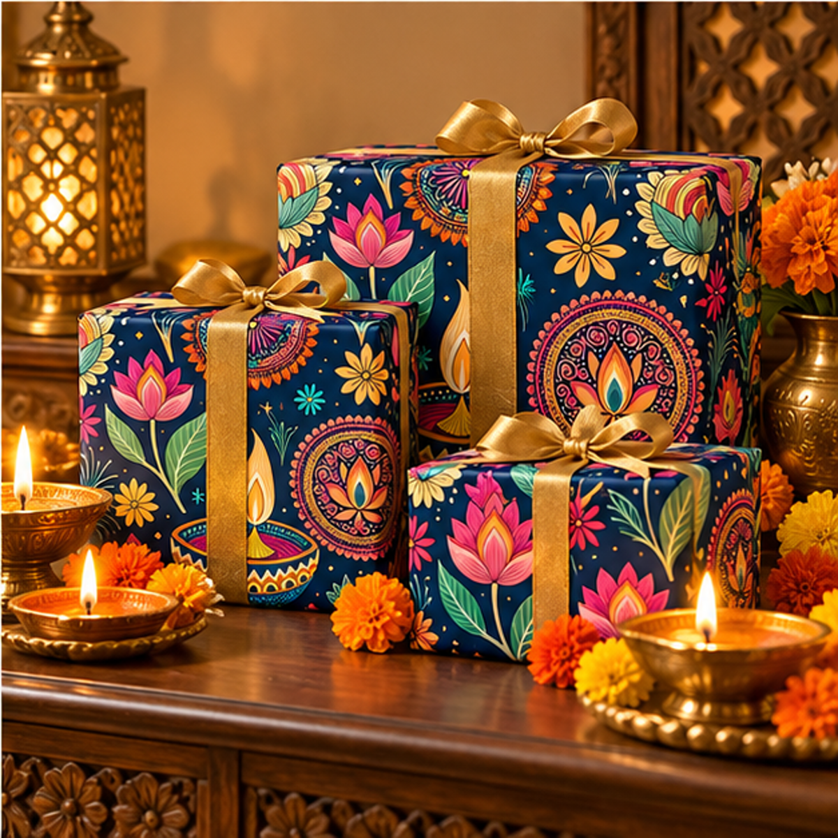 Diwali Wrapping Paper Roll - Navy Lotus & Diyas Indian Gift Wrap