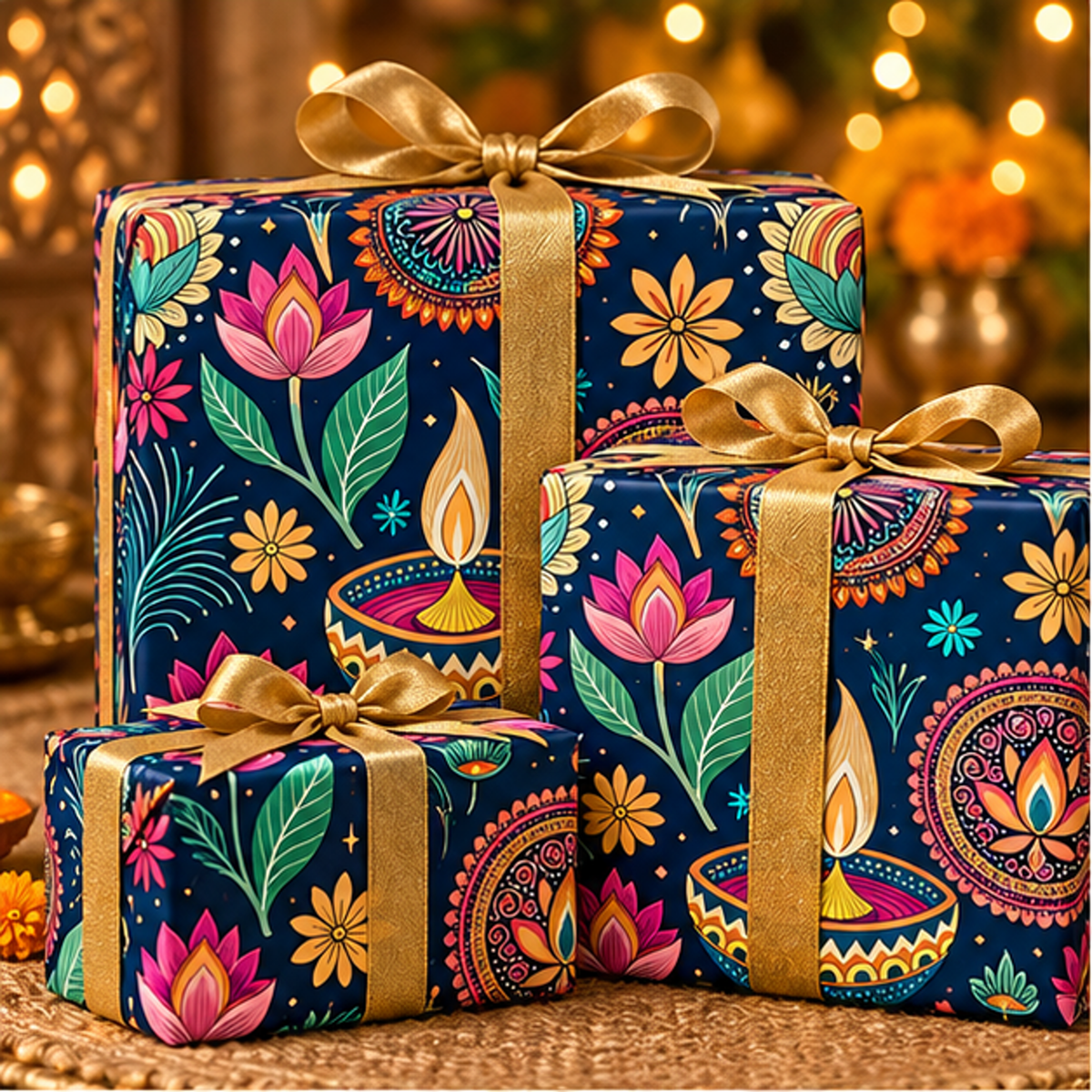 Diwali Wrapping Paper Roll - Navy Lotus & Diyas Indian Gift Wrap