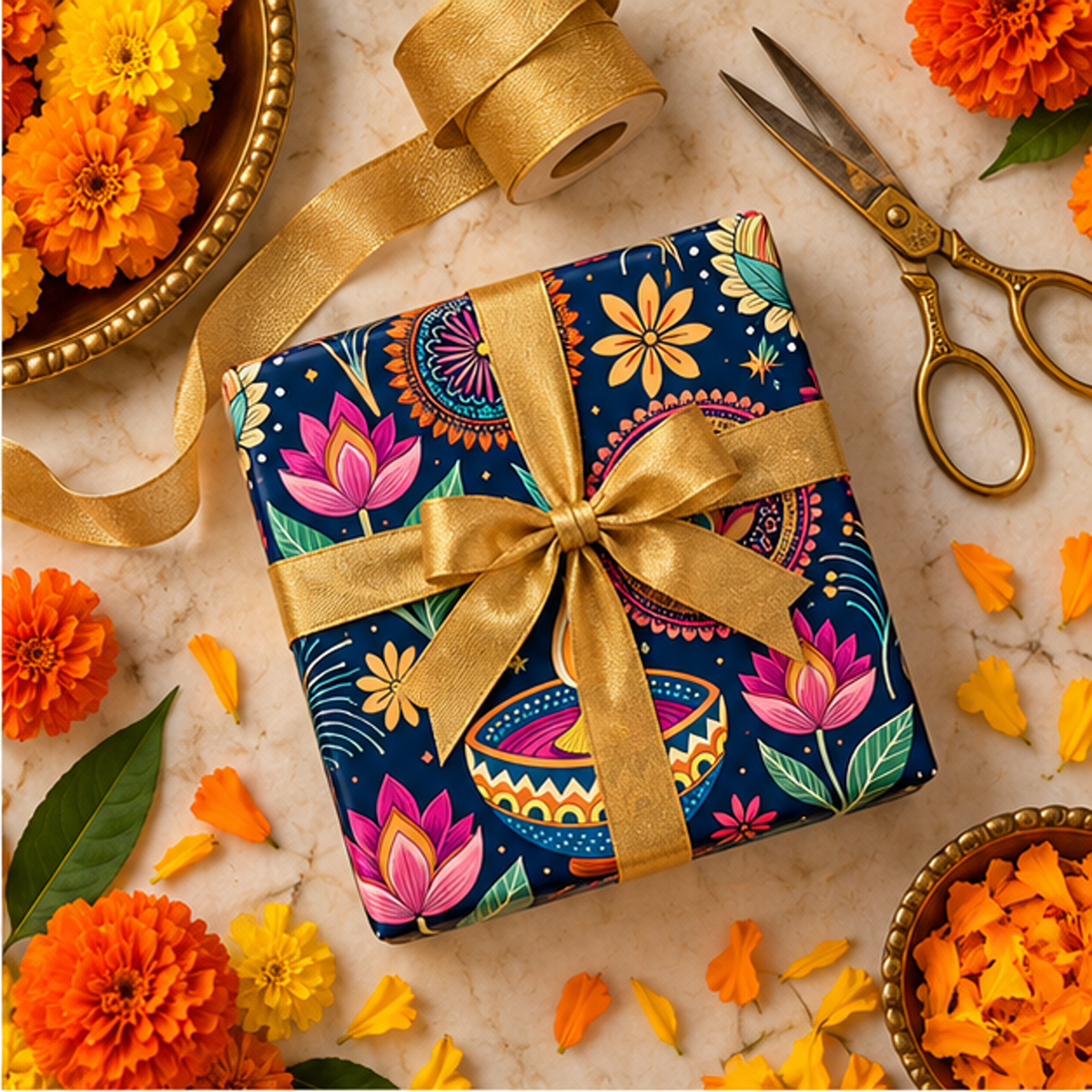 Diwali Wrapping Paper Roll - Navy Lotus & Diyas Indian Gift Wrap