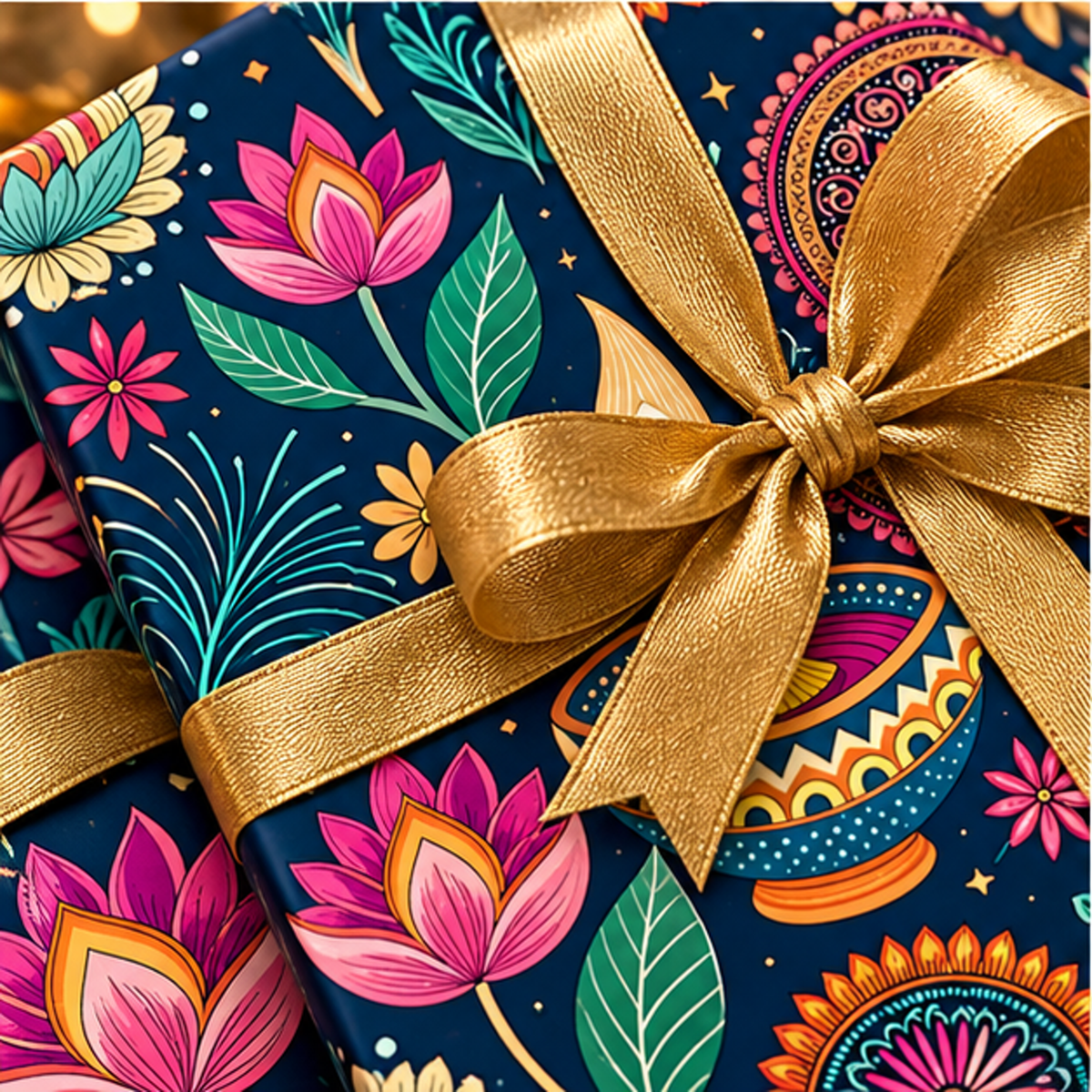 Diwali Wrapping Paper Roll - Navy Lotus & Diyas Indian Gift Wrap