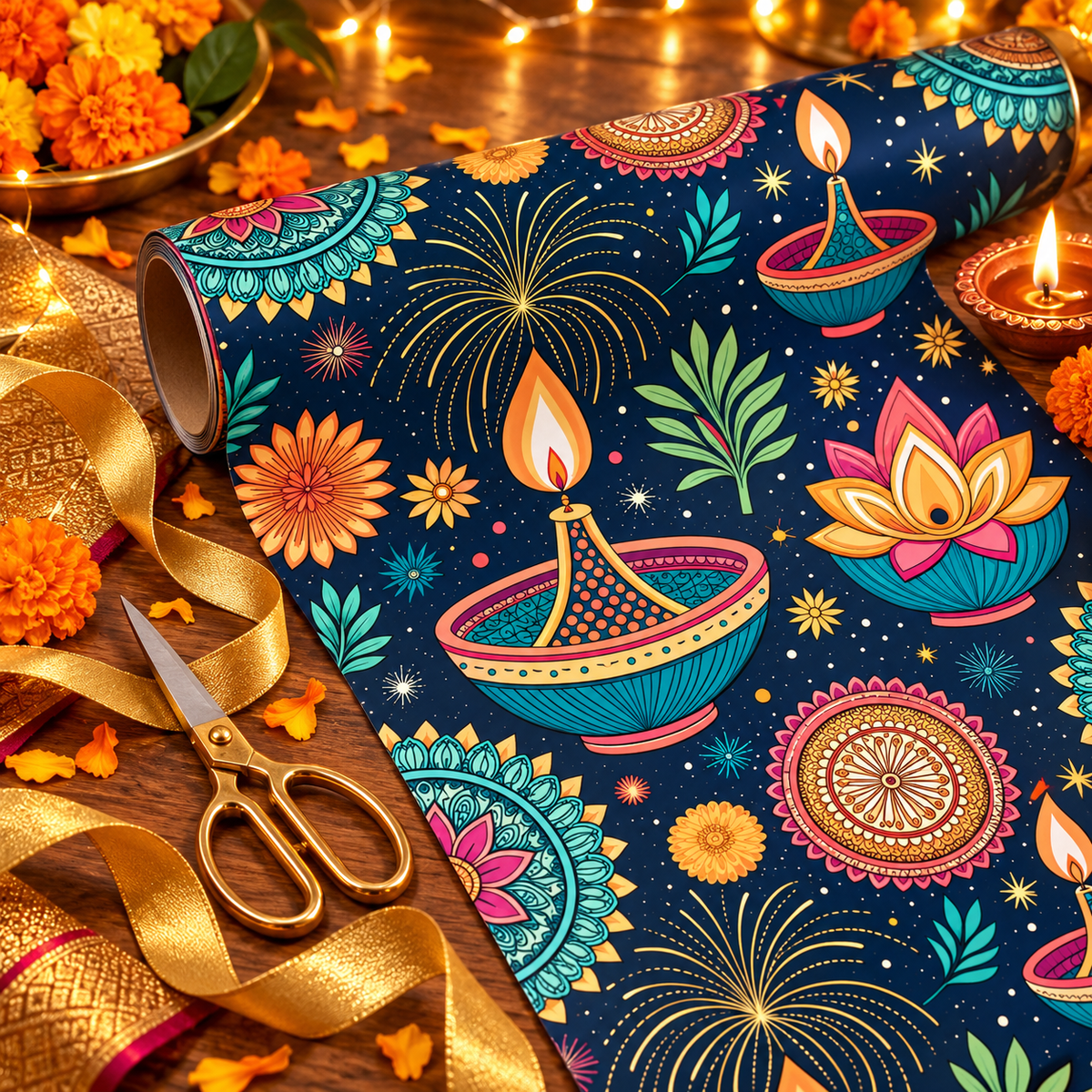 Diwali Wrapping Paper Roll - Teal Diyas & Fireworks Gift Wrap