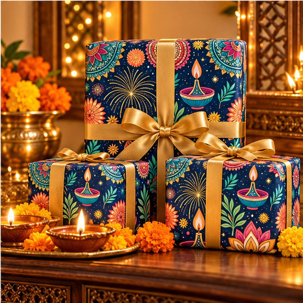 Diwali Wrapping Paper Roll - Teal Diyas & Fireworks Gift Wrap