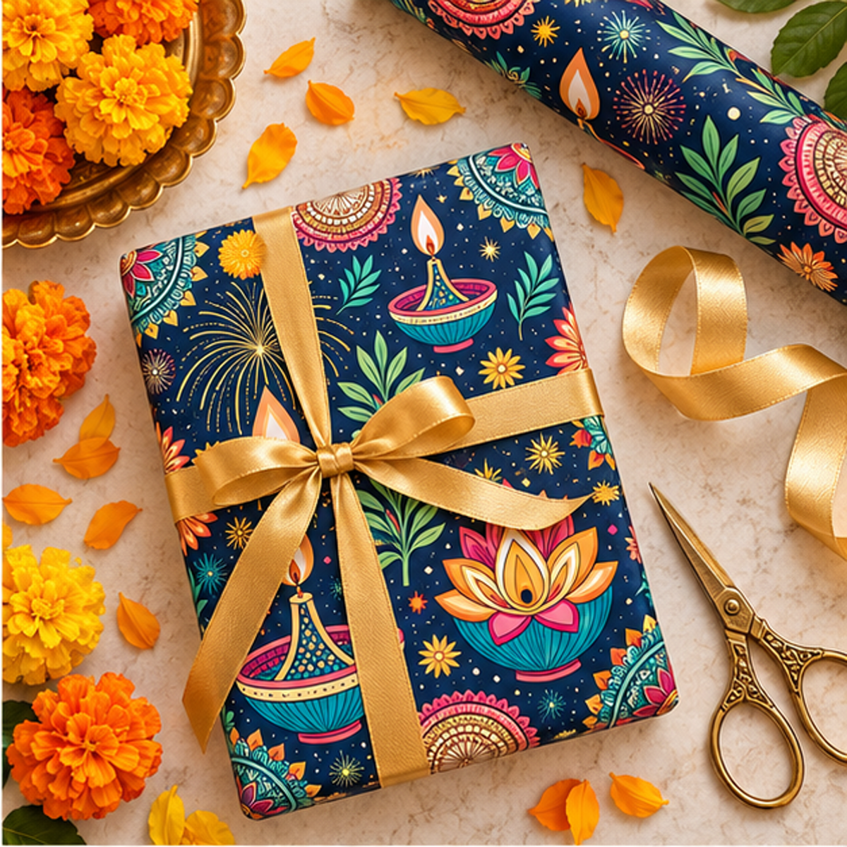 Diwali Wrapping Paper Roll - Teal Diyas & Fireworks Gift Wrap